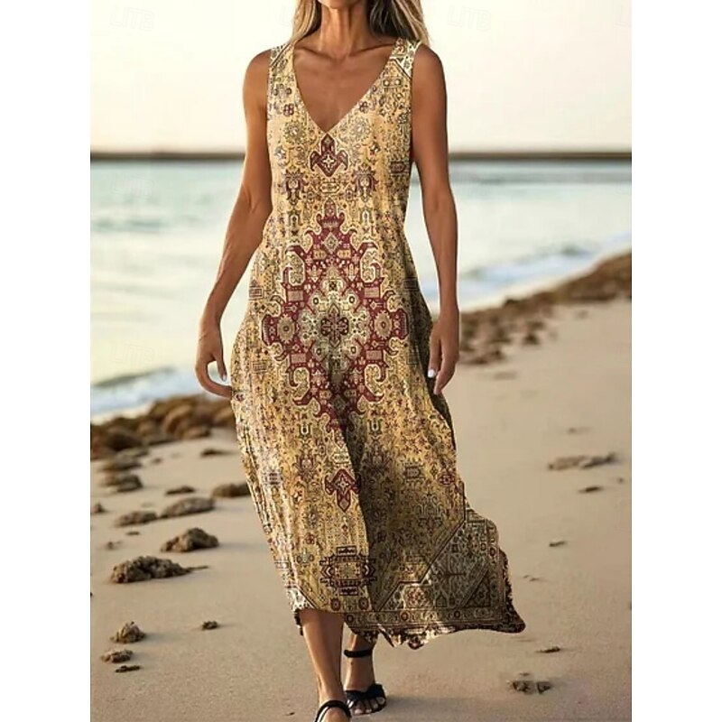 Women's Long Dress Maxi Dress Casual Dress Tank Dress Summer Dress African Daily Holiday Beach Regular Fit Floral Sleeveless V Neck Wine Burgundy Navy Blue Blue Summer3