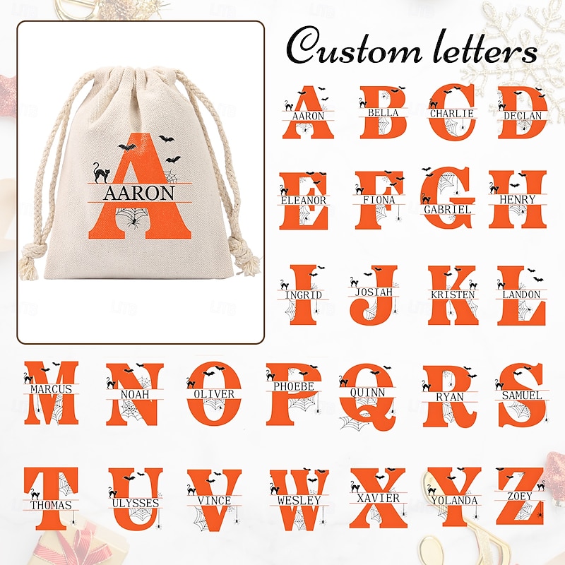 Personalized Halloween Treat Bag for Kids Custom Initial & Name Candy Tote Bag Basket for Trick or Treat, Durable Canvas Gift Sack for Candy & Small Toys4