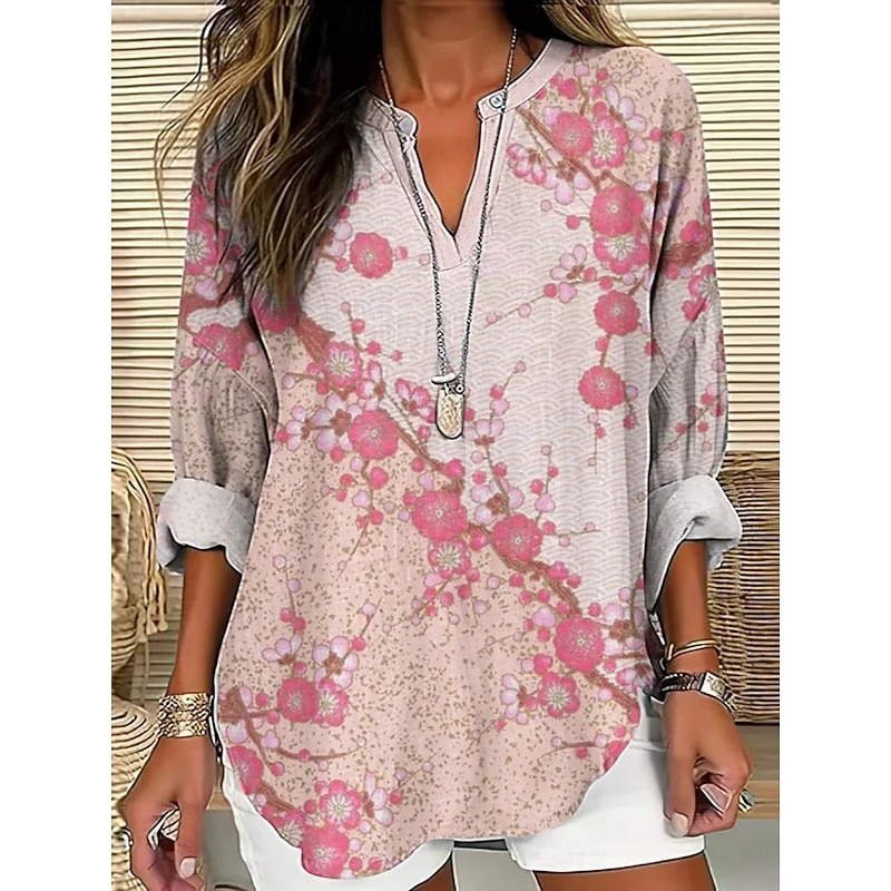 Women's Shirt Floral Stylish Modern Long Sleeve V Neck Regular Tops Daily Holiday Buttons Print Pink Red Blue Green Summer