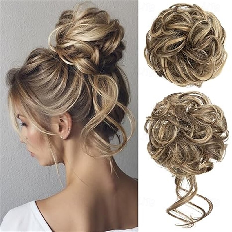 2PCS Messy Bun Hair Pieces Wavy Curly Synthetic Updo Chignon Fake Scrunchies Ponytail Extension for Women Bernstein Multi
