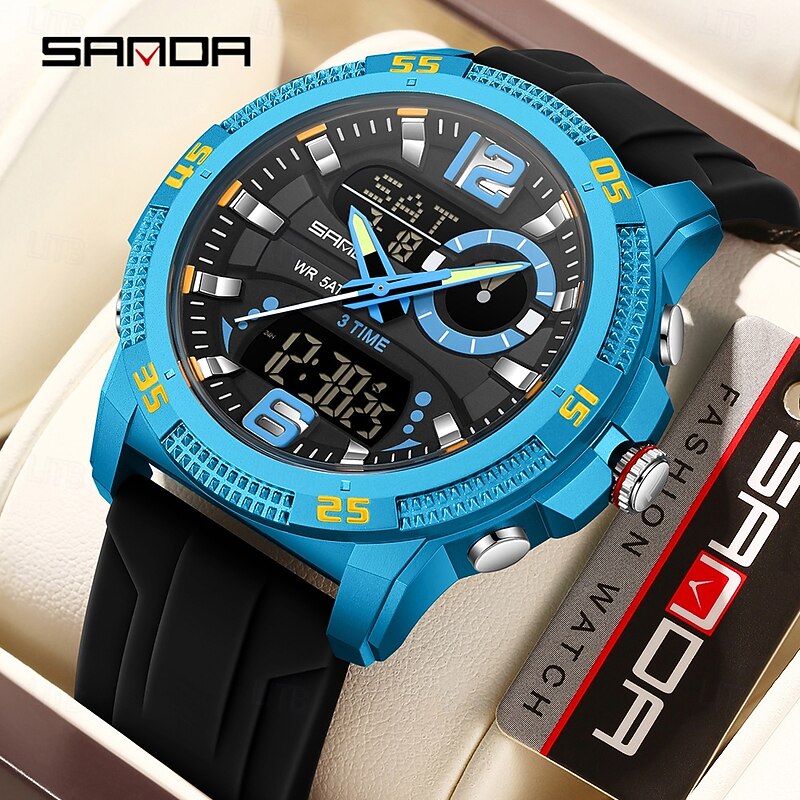 SANDA 3372 Dual Display Men's Watch Chronograph Alarm Clock Sport Multi functional Waterproof LED Electronic Watches