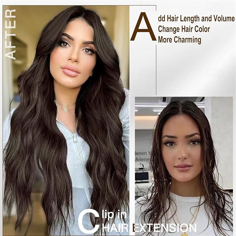 Clip In Hair Extensions Long Wavy Hair Extensions 4PCS Medium Brown Highlighted Blonde Clip Ins for Women Thick & Full Head Synthetic Hairpieces2