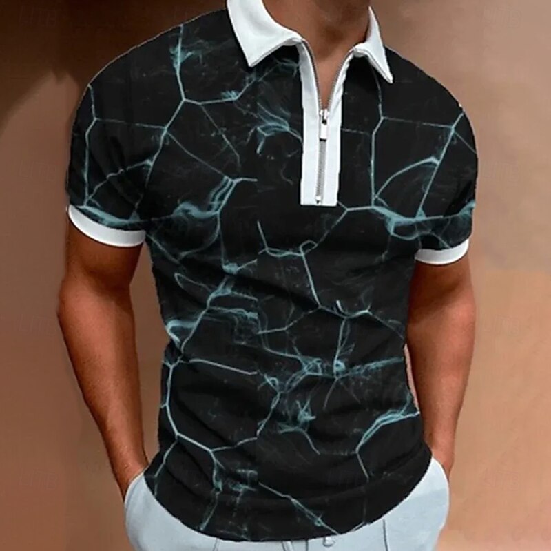Men's Abstract Marble Zip Polo Short Sleeve Turndown Casual Daily Trendy Sports & Outdoor Athleisure Casual Daily Zipper Summer Black Green ash-colored