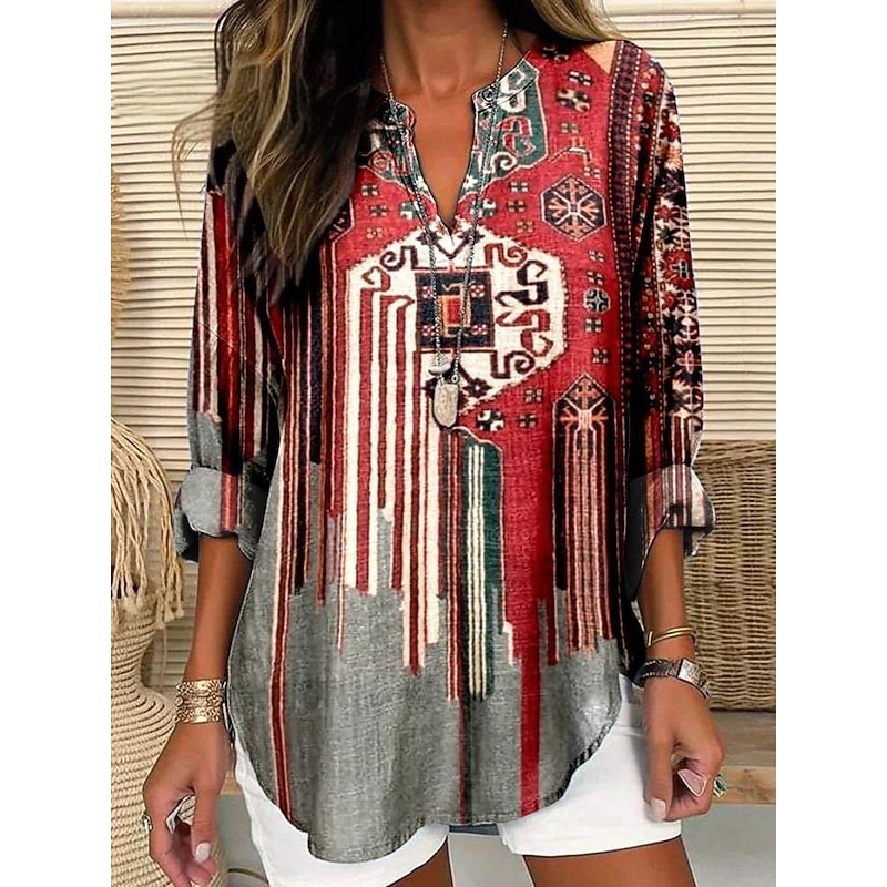 Women's Shirt Geometric Retro Vintage Ethnic Long Sleeve V Neck Regular Tops Daily Holiday Buttons Print Wine Red Summer