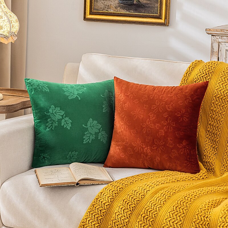 1 pcs Velvet Pillow Cover, Leaf Vintage Square Zipper Traditional Classic2