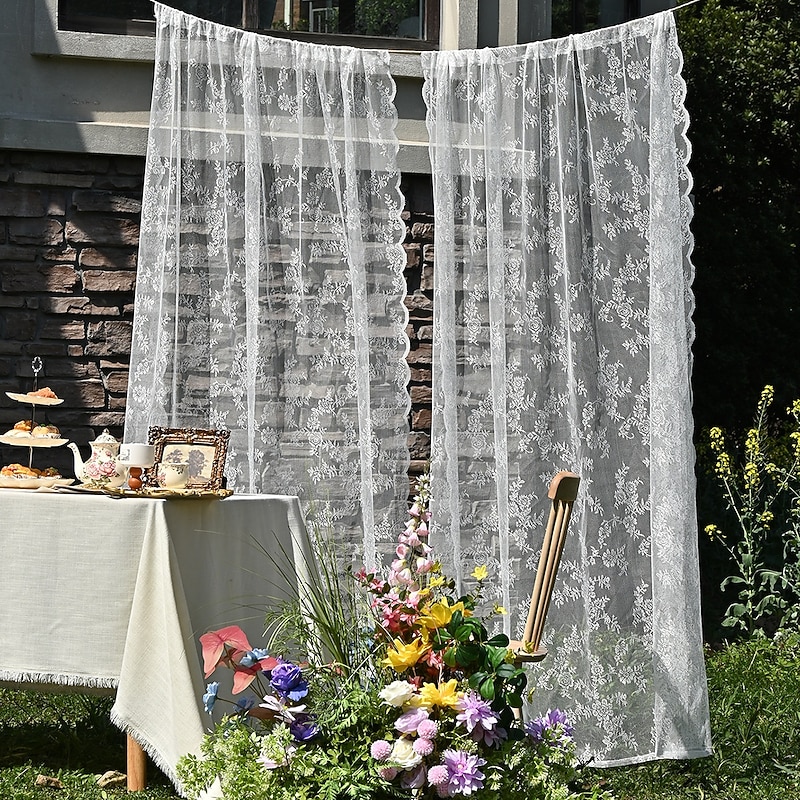 French Lace Embroidered Curtains, Bedroom Sheer Tulle Curtains, Rod Pocket Window Curtains, 2 Panels Curtains4