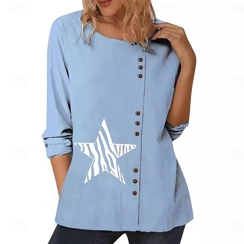 Women's Blouse Graphic Star Elegant Vintage Fashion Long Sleeve Crew Neck Round Neck Regular Tops Daily Going out Weekend White Blue Dark Blue Fall3