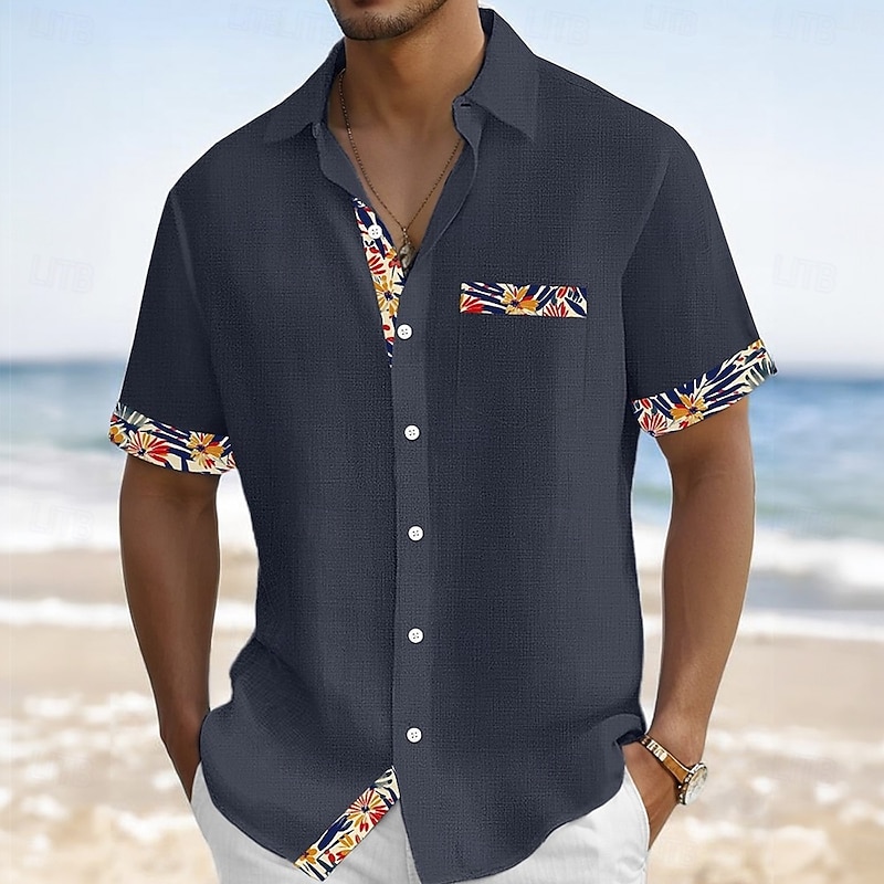 Men's Floral&Plants Flowers Shirt Summer Shirt Button Up Shirt Short Sleeve Fashion Casual Vacation Holiday Streetwear Summer Turndown 3D Print Front One Pocket Linen Like Shirt Black White Orange3