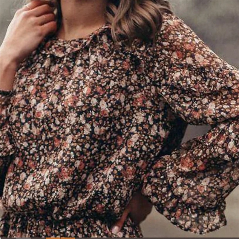 Women's Mini Dress Casual Dress Floral Dress Summer Dress Boho Dress Elegant Fashion Modern Daily Weekend Regular Fit Flower Long Sleeve Crew Neck Black Summer Spring3