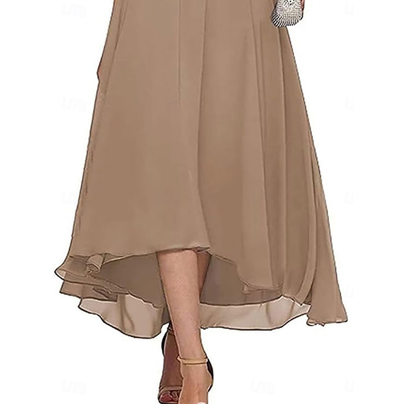A-Line Mother of the Bride Dress Formal Wedding Guest Elegant Crew Neck Floor Length Chiffon Half Sleeve with Solid Color2
