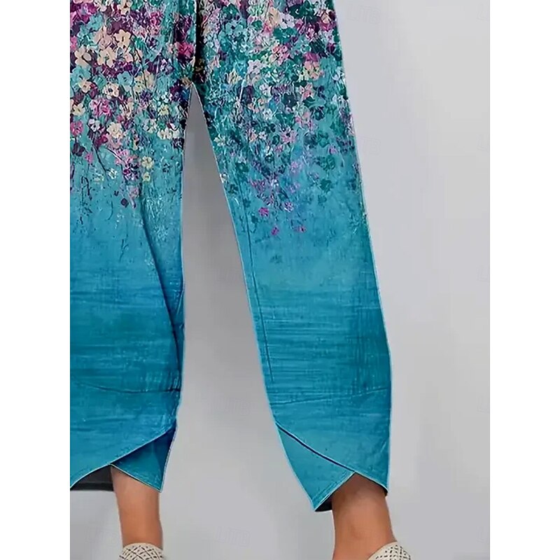 Women's Chinos Baggy Pants Vacation Vintage Ethnic Style Ankle-Length High Waist Floral Graphic Gradient Drawstring Patchwork Printing Breathable Micro-elastic Vacation Street Causal Lake blue Light3
