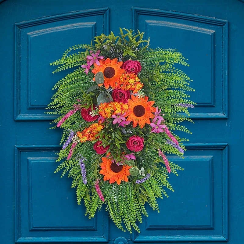 Fall Swag Wreath for Front Door Thanksgiving Autumn Harvest Indoor Outdoor Decoration, Rustic Sunflower Artificial Fall Season Grapevine Door Hanging4