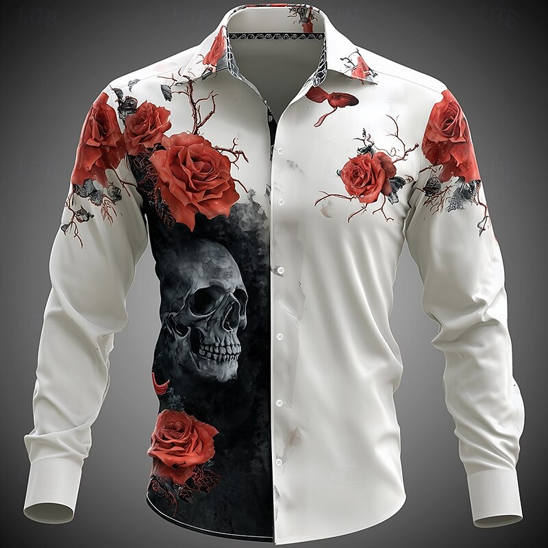 Men's Skeleton Halloween Costumes Day of the Dead Shirt Button Up Shirt Long Sleeve Dark Gothic Style Holiday Streetwear Spring Fall Turndown 3D Print Collared Shirts Black White2