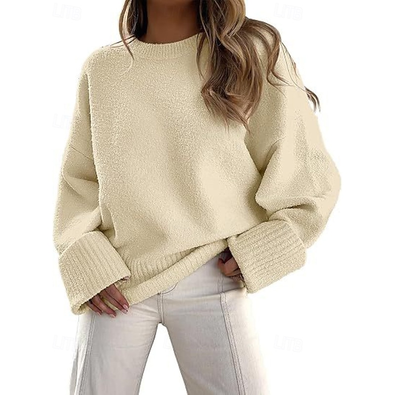 Women's Sweater Pullover Fashion Solid Color Ribbed Crew Neck Knitted Long Sleeve Regular Tops Knit Outdoor Holiday Going out Black White Fall3