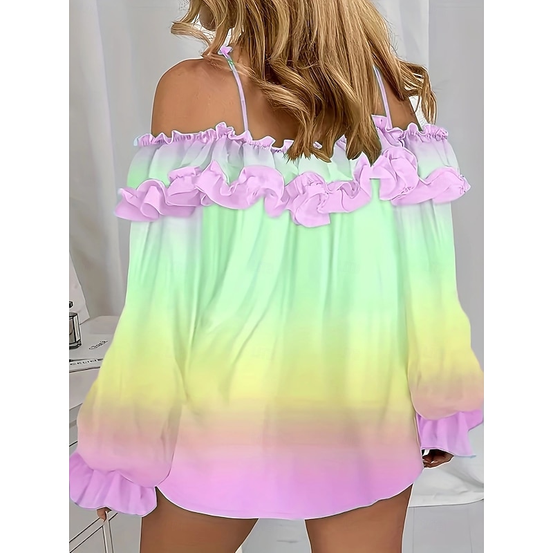 Women's Summer Tops Color Block Casual Long Sleeve Puff Sleeve Strap Regular Tops Pink Blue Sky Blue Green Summer2