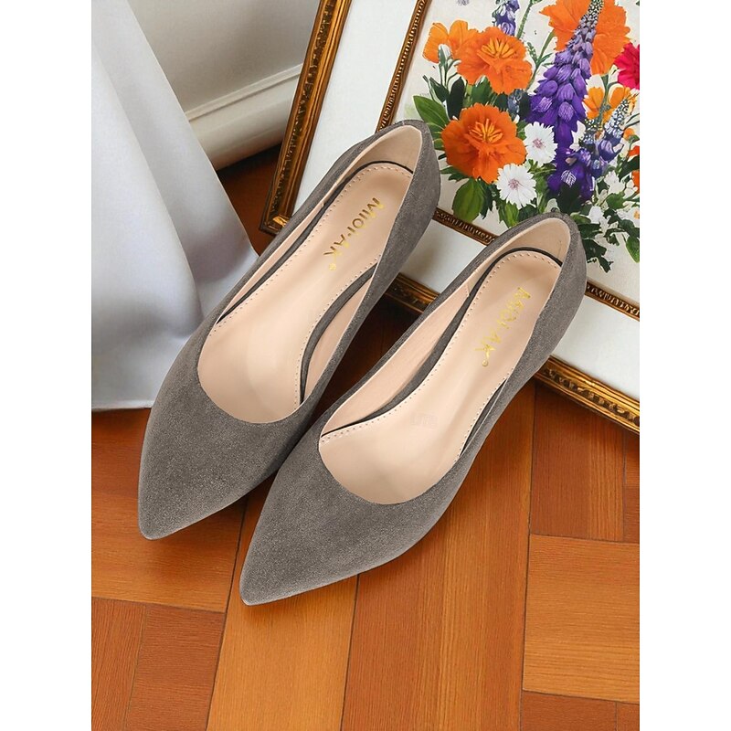 Women's Gray Faux Suede Block Heel Pumps with Pointed Toe, Low Heels for Office Work, Conferences and Business Travel2