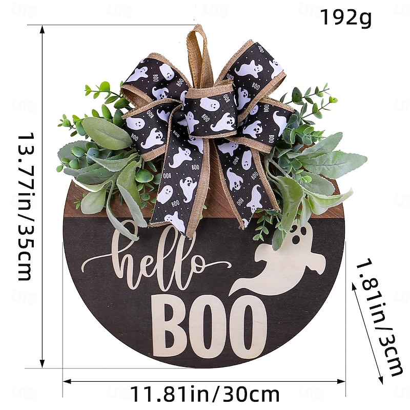 Halloween Door Sign Hanger Decorations, White Ghost BOO Wooden Door Plaque with Black Ribbon for Holiday Window and Wall Decor3