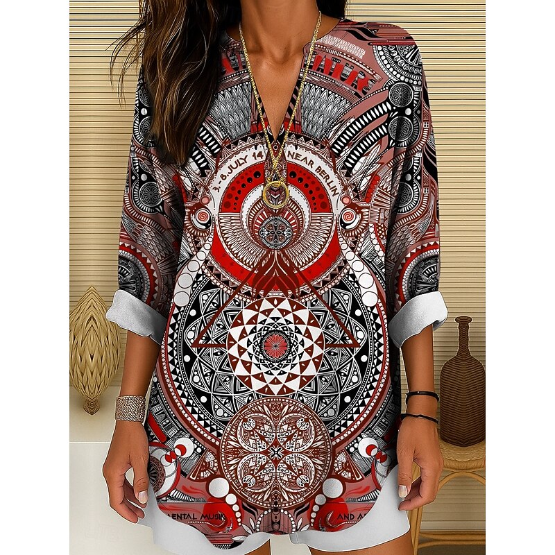 Women's Blouse Tunic V Neck Long Sleeve Boho Casual Tops Graphic Geometric Bohemia Basic Long Tops Daily Buttons Print Yellow Red Blue Purple Green Spring, Fall, Winter, Summer4