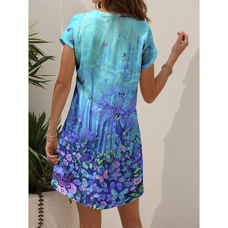 Women's Mini Dress T Shirt Dress Tee Dress Sundress A Line Dress Vacation Casual Beach Beach Regular Fit Ombre Floral Graphic Short Sleeve V Neck Yellow Red Blue Purple Summer2