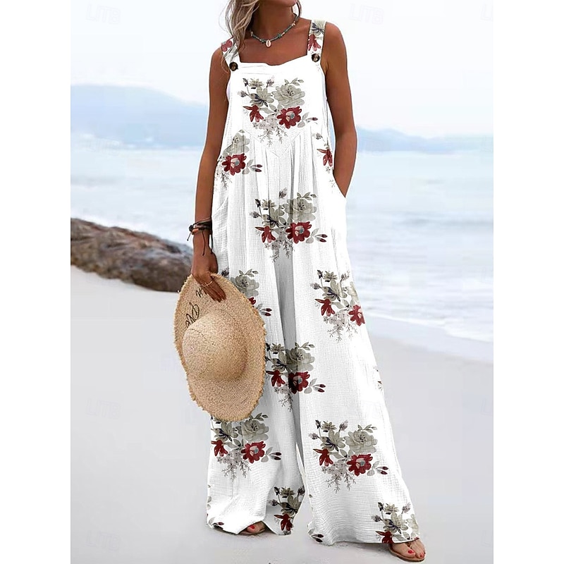 Women's Dungarees Active Floral Sleeveless Wide Leg Pocket Vacation Street Loose Fit Pink Army Green Red Summer3