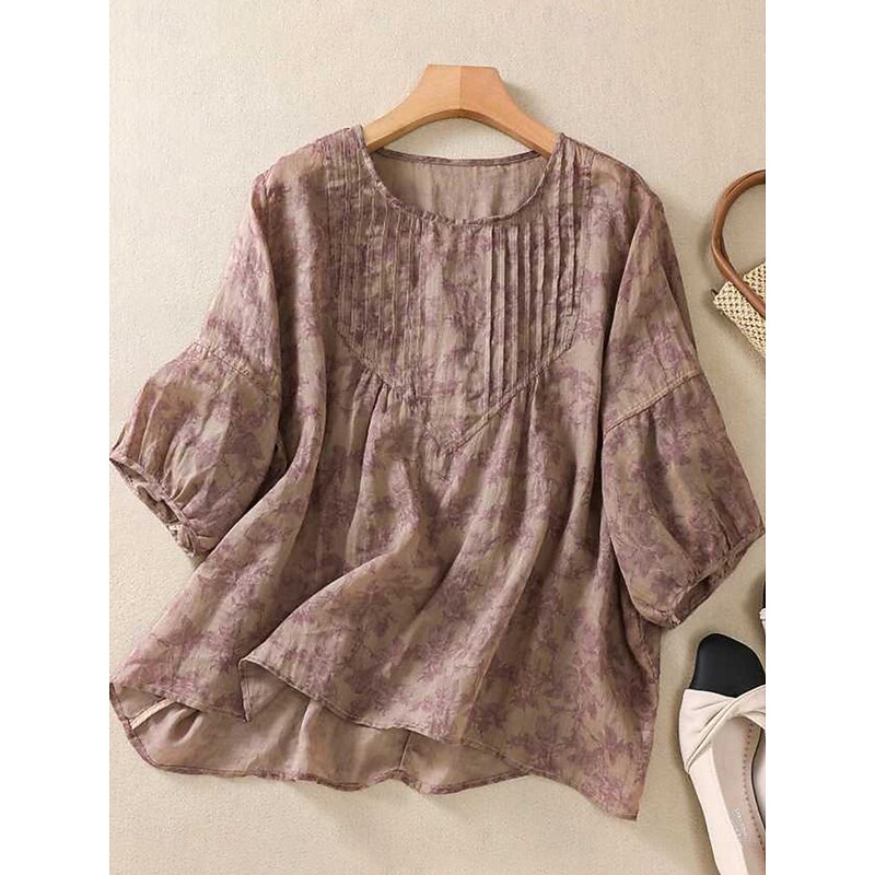 Women's Cotton Linen Shirts Floral Casual 3/4 Length Sleeve Crew Neck Regular Tops Daily Print Black Red Purple Green Summer4