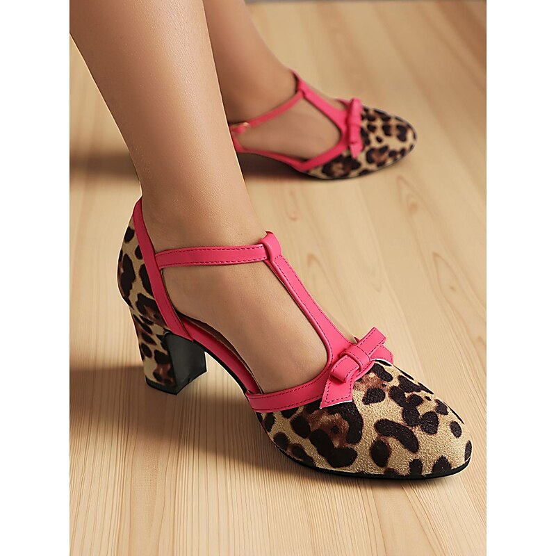 Women's T-Strap Leopard Print Heels with Pink Bow Detail – 1950s Stylish Retro Block Heel Shoes, Perfect for Parties, Casual Wear, and Fashion Events3