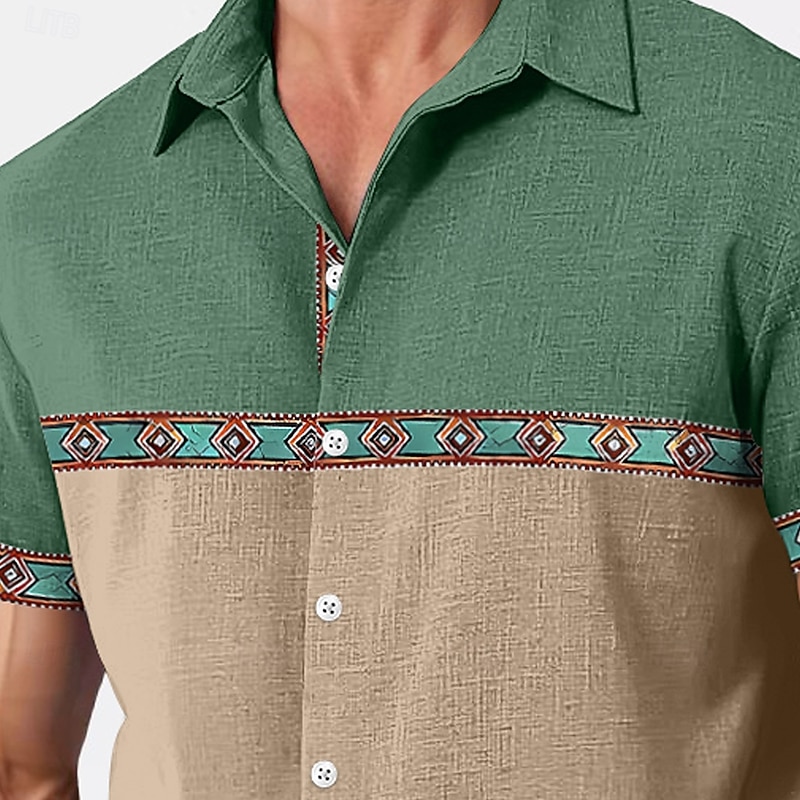 Men's Shirt Linen Shirt Summer Shirt Beach Wear Plain Vacation Casual Navy Blue Brown Khaki Army Green Short Sleeve Lapel Summer Spring & Summer Clothing Apparel Color Block2