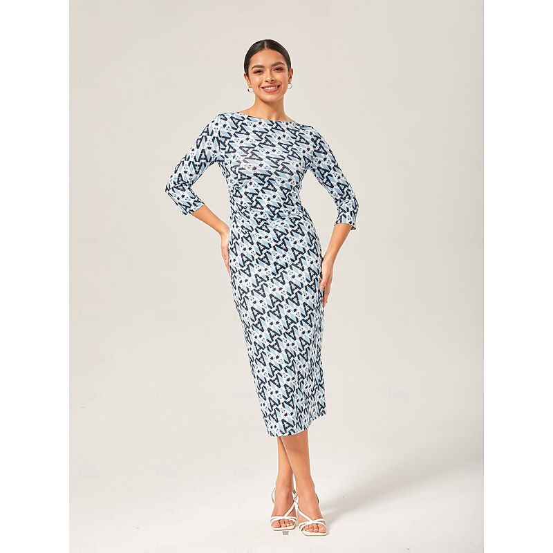 Women's Women Casual Dress Midi Dress Blue 3/4 Length Sleeve Geometric Backless Summer Cross-Seasons Bateau Print XS S M4