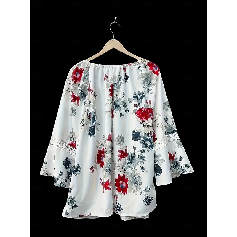 Women's Summer Tops Flower Modern Long Sleeve V Neck Regular Tops White Summer2