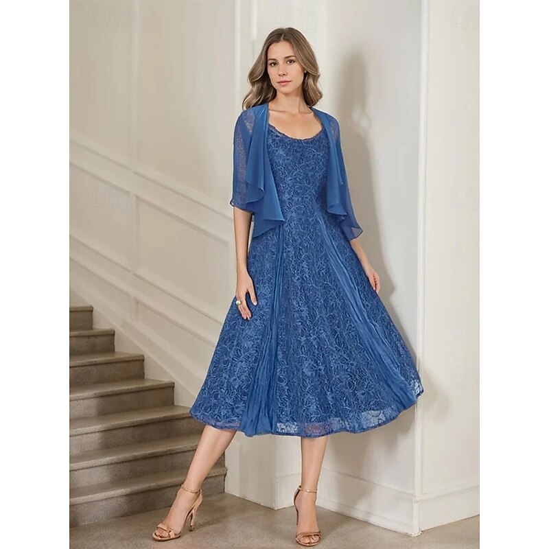 Two Piece A-Line Mother of the Bride Dress Elegant Simple Casual Boat Neck Ankle Length Chiffon Long Sleeve with Lace Ruffles4