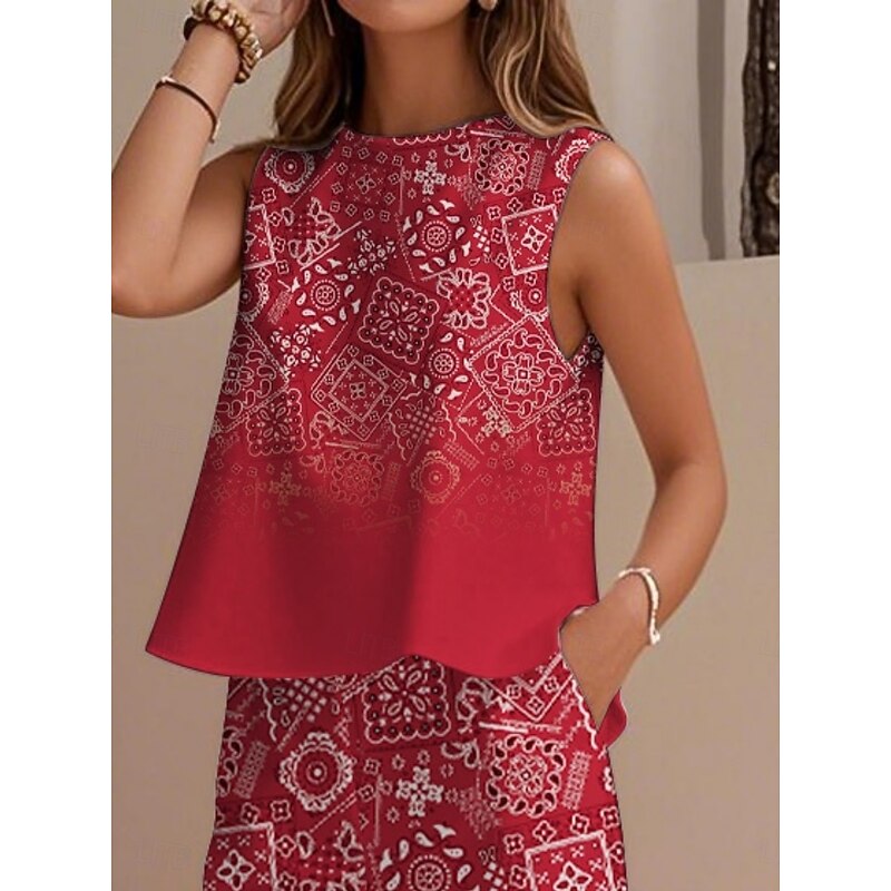 Women's Elegant Fashion Streetwear Two Piece Sets Blouse Vest Pants Trousers Sleeveless Crew Neck Outdoor Work Casual Floral Print Vacation Vintage Daily Holiday Red Summer Regular Fit2