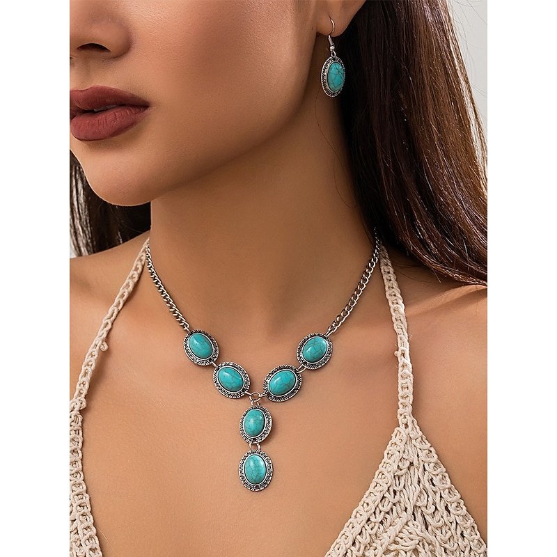 Women's Turquoise Statement Jewelry Set – Vintage Silver-Plated Oval Pendant Necklace and Drop Earrings for Boho Style, Summer Festivals and Beach Parties