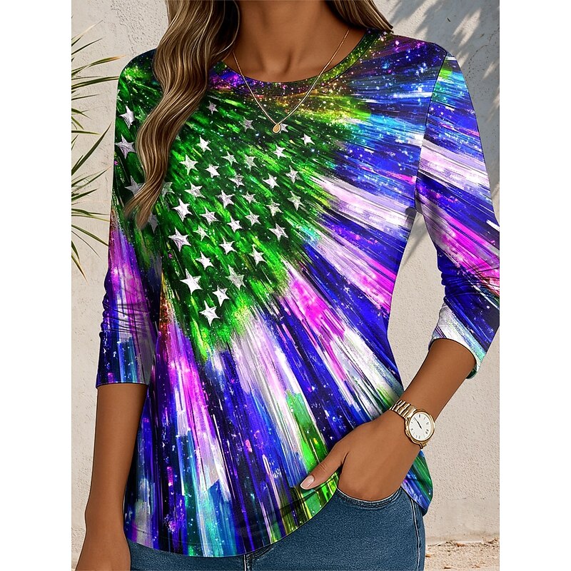 Women's Patriotic T Shirt Graphic Flag Abstract Vintage Stylish Classic  Round Neck Regular Tops Daily Print Blue Purple Green Fall2