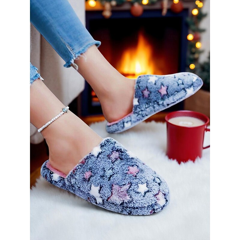 Women's Fuzzy Star Print Indoor Slippers – Cozy Faux Fur Winter House Shoes for Living Room, Bedroom & Holiday Mornings4