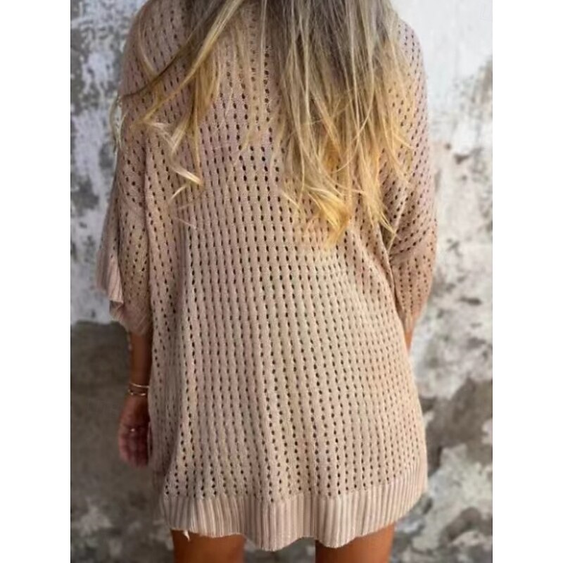 Women's Blouse Solid Color Stylish Casual 3/4 Length Sleeve V Neck Regular Tops Daily Cut Out Black White Red Khaki Dark Gray Summer3