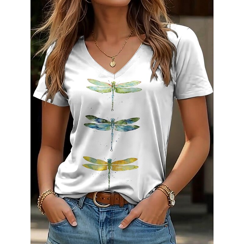 Women's T Shirt Floral Graphic Casual Short Sleeve V Neck Regular Tops Daily Print White Light Green Summer Spring3