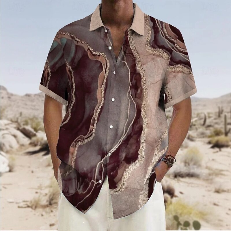 Men's Geometric Marble Abstract Liquid Art Shirt Summer Shirt Button Up Shirt Short Sleeve Fashion Casual Vacation Holiday Streetwear Summer Turndown 3D Print Front One Pocket Linen Like Shirt Brown3