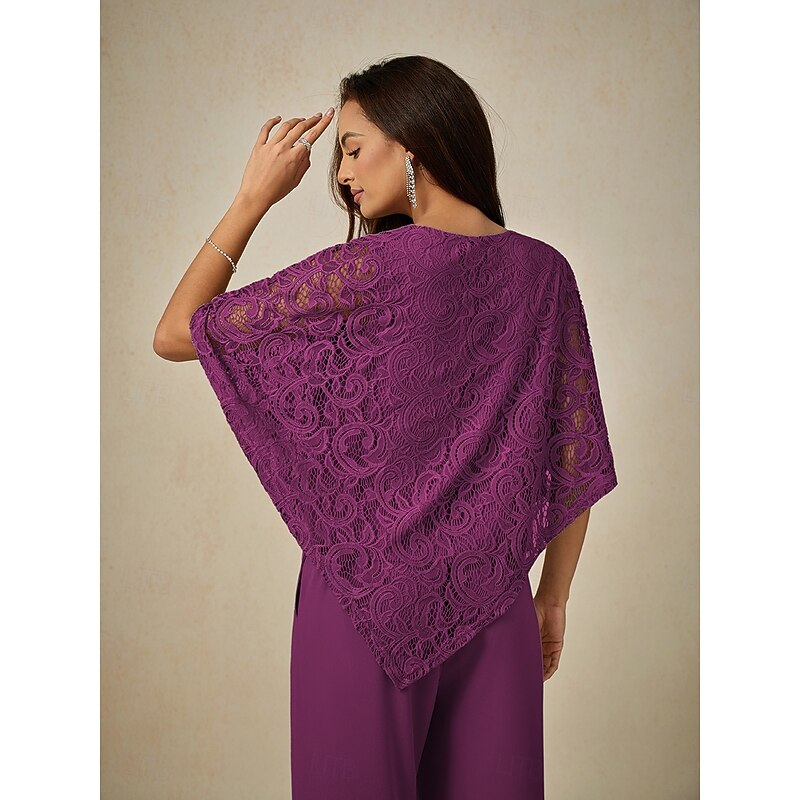 Women's Blouse Dressy Tops Plain Elegant Half Sleeve Crew Neck Regular Tops Wedding Guest Daily Lace Patchwork Layered Purple Summer Spring4