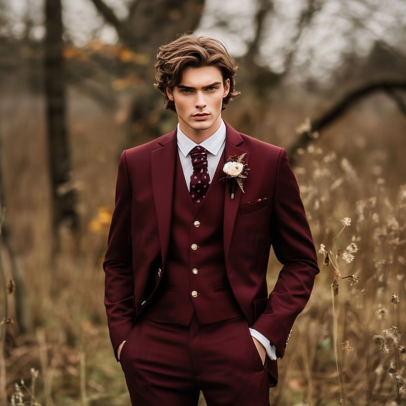 Men's Wedding Party Evening Wear Suits Notch Lapel Burgundy Fashion Formal Solid Colored Standard Fit 3 Piece Single Breasted Two-buttons