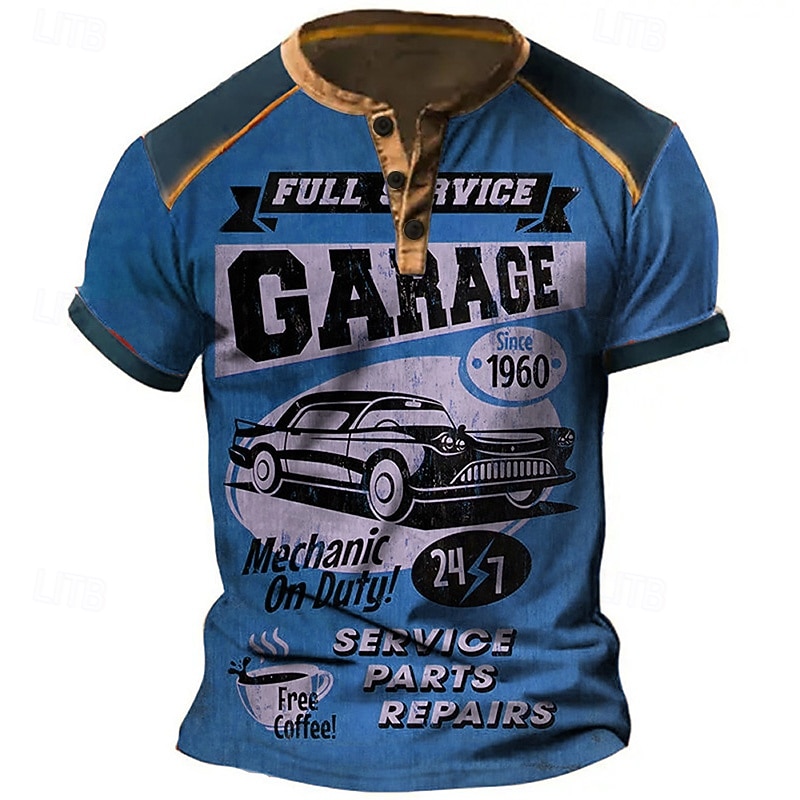 Men's Graphic Car Henley Shirt Short Sleeve 3D Print Fashion Designer Comfortable Outdoor Daily Summer Red Blue Sky Blue Purple Orange Henley Henley T-Shirt3