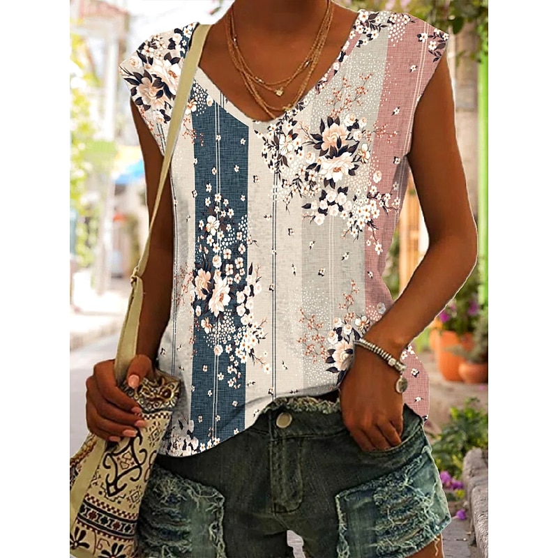 Women's Camisole Tank Top Floral Graphic Striped Vintage Daily Stylish Sleeveless V Neck Regular Tops Daily Going out Beach Wear Print Dusty Rose Summer Spring