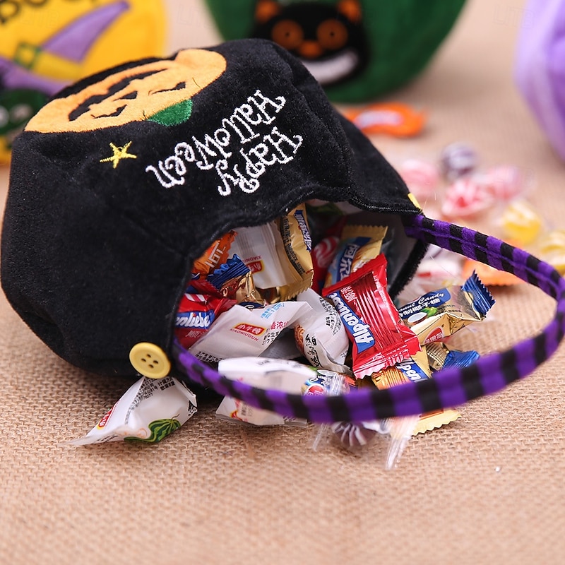 4pcs Halloween Pumpkin Candy Bag for Kids, Round Trick or Treat Tote with Hat, Reusable Gift Bag for Halloween Party Supplies and Decorations2