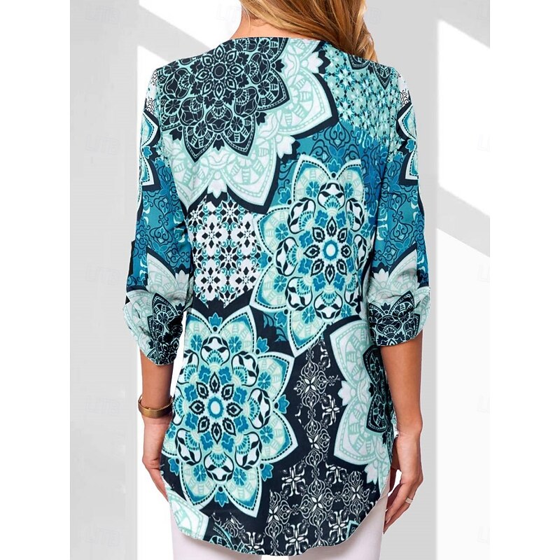 Women's Blouse Floral Graphic Geometric Stylish Casual Long Sleeve V Neck Regular Tops Daily Zipper Print Black White Pink Royal Blue Blue Summer Spring Fall2