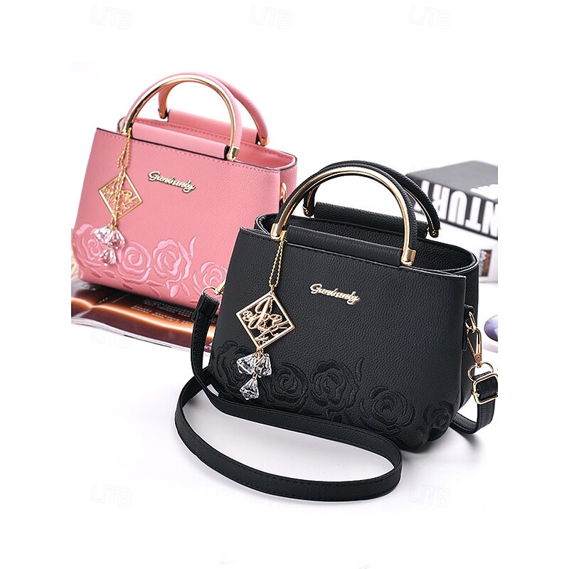 Women's Embroidered Rose Tote Bag with Gold Top Handle and Shoulder Strap - Elegant Faux Leather Crossbody Bag for Commuter, Leisure and Weekend Outings3
