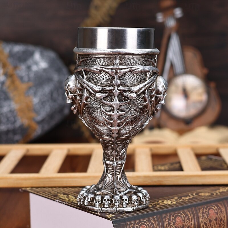 Halloween Skull Wine Goblet Vintage 3D Skull Stemmed Glass Unique Resin & Stainless Steel Embossed Design, Fun Barware for Red Wine, Halloween Party Decor