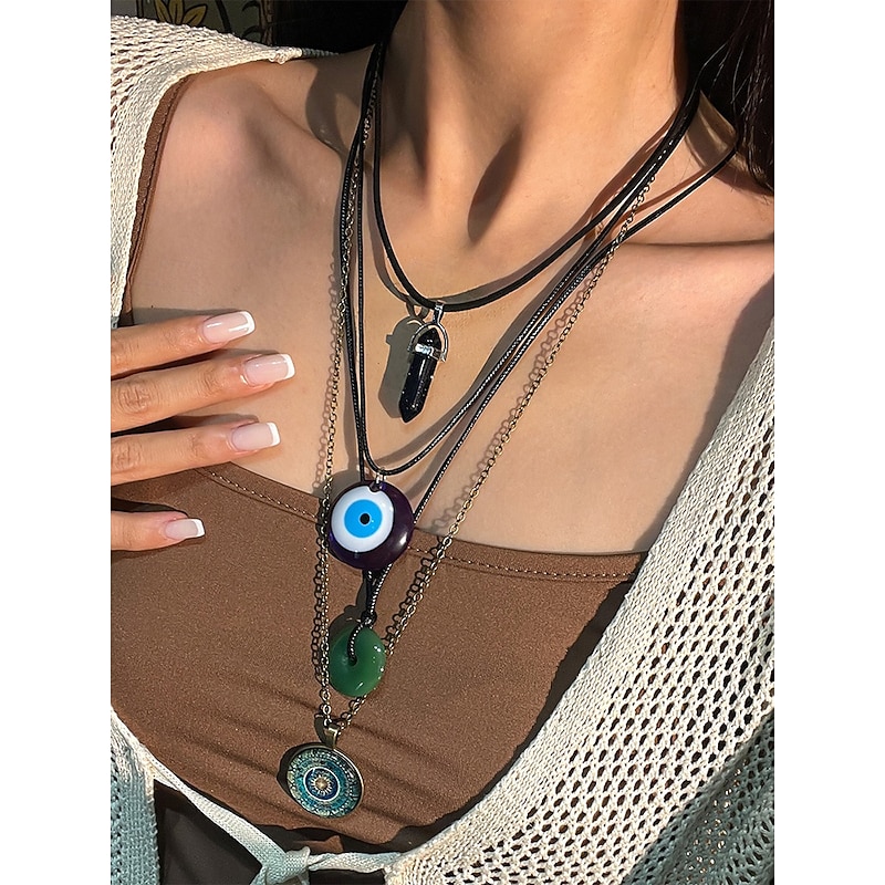 Women's Boho Layered Charm Necklace Set – Multilayer Evil Eye, Sun & Star Pendants with Beaded Choker, for Spiritual Fashion, Festivals and Everyday Wear