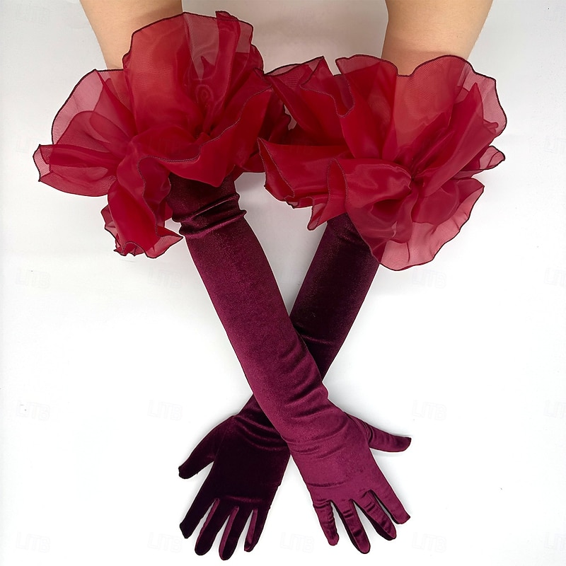 Velvet Elbow Length Glove Elegant With Ruffles Wedding / Party Glove3