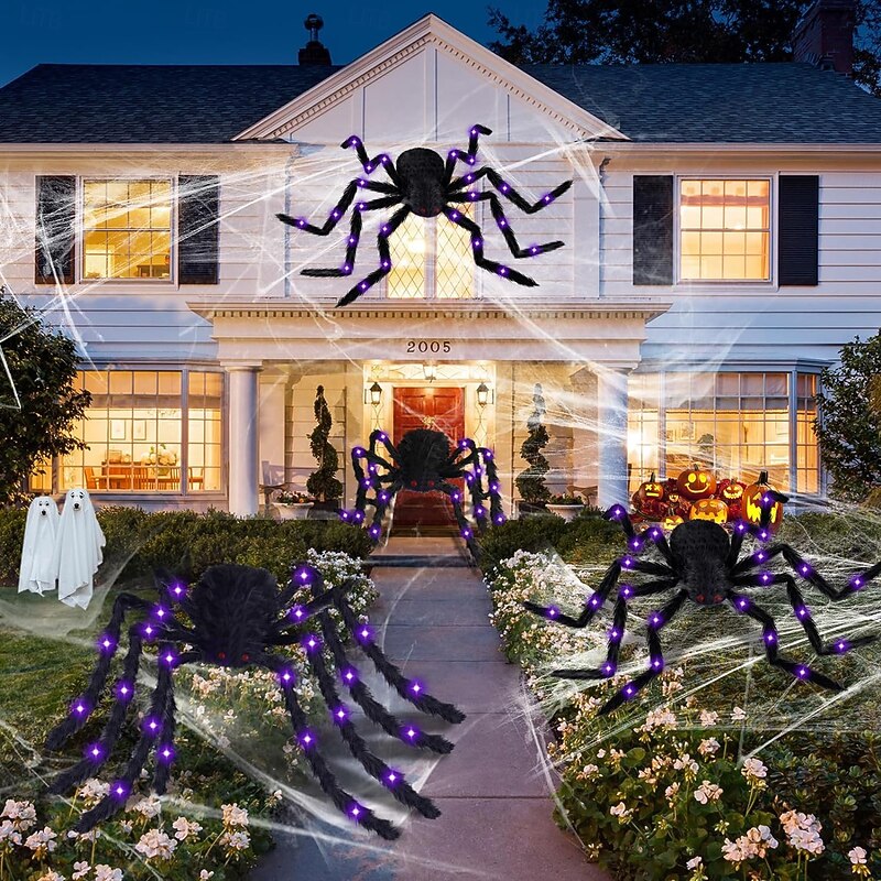 Halloween Decoration Spider with LED Purple Lights, Outdoor Halloween Spider Decorations, Black Hairy Scary Realistic Spider Props for Yard, Home, Party Creepy Decor