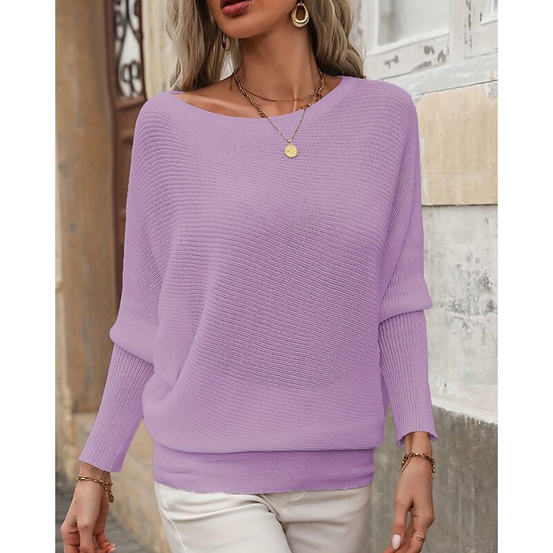 Women's Sweater Pullover Streetwear Casual Solid Color Ribbed Off Shoulder Knitted Long Sleeve Regular Tops Knit Going out Weekend White Purple Fall2