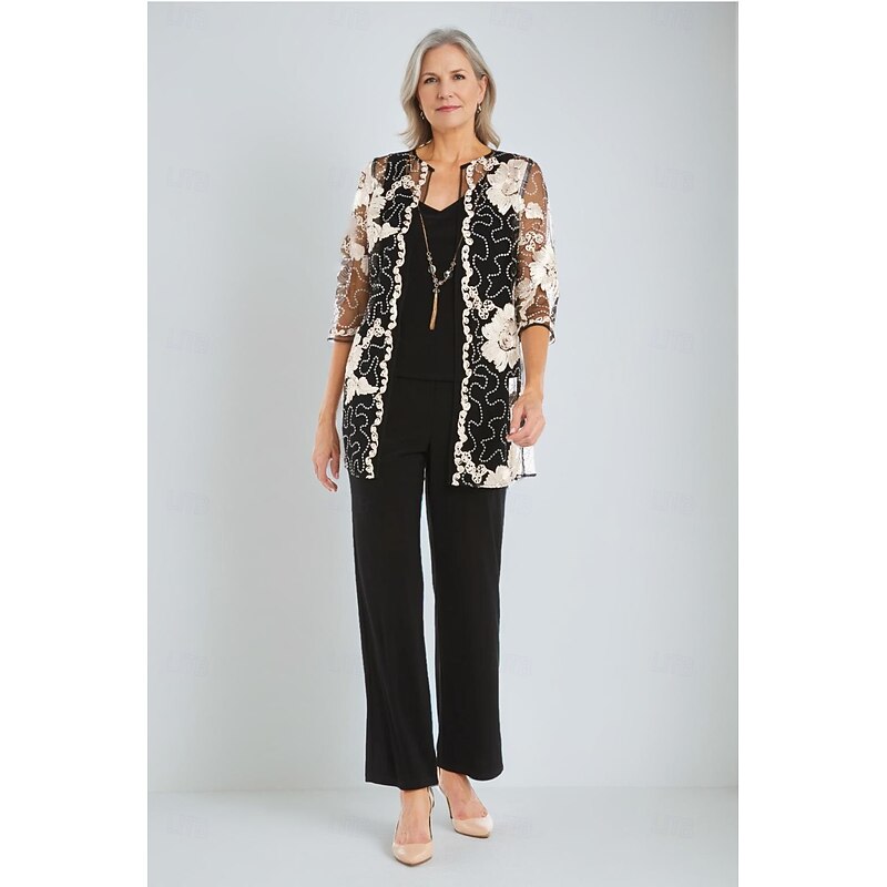 Pantsuit 3 Piece Pantsuit Mother of the Bride Pantsuit  Elegant Vintage Simple V Neck Ankle Length Stretch Chiffon Half Sleeve with Sequin Ribbon Embroidered Appliques